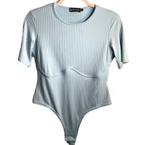 NWT PRETTY LITTLE THING Dusty Blue Rib Bust Detail Short Sleeve Bodysuit…
